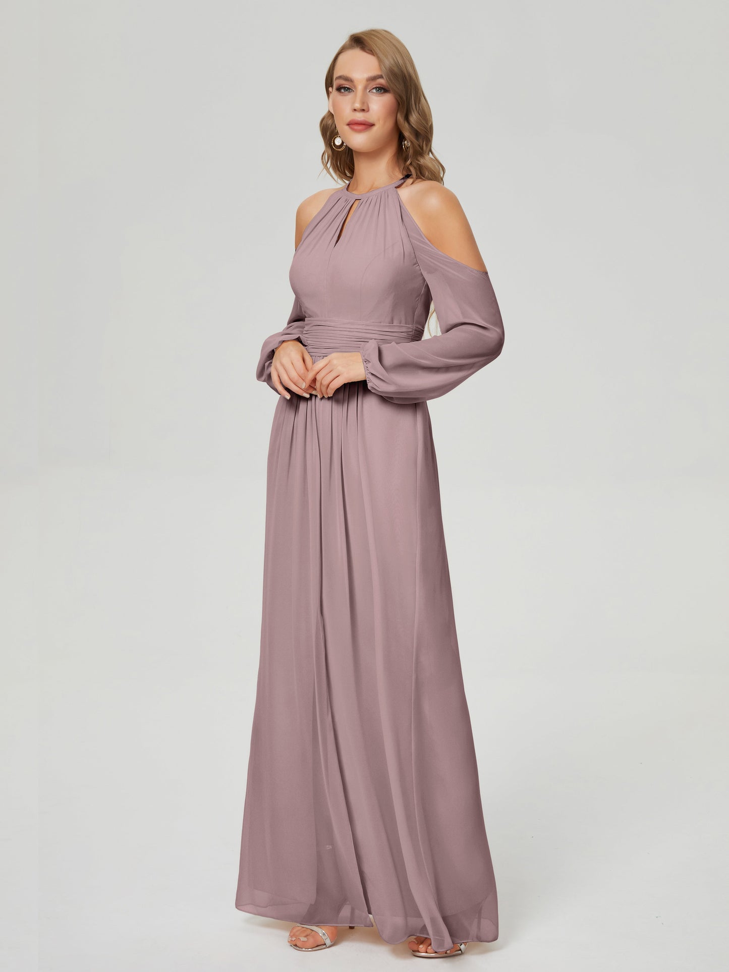Phoebe Long Sleeves Column Chiffon Bridesmaid Dress