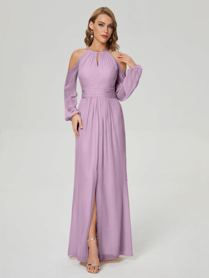 Phoebe Long Sleeves Column Chiffon Bridesmaid Dress