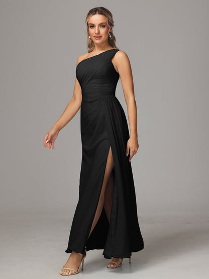 One Shoulder Floor Length Chiffon Bridesmaid Dress
