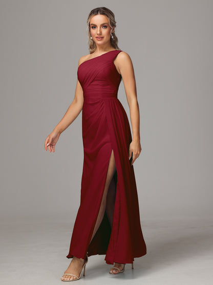 One Shoulder Floor Length Chiffon Bridesmaid Dress