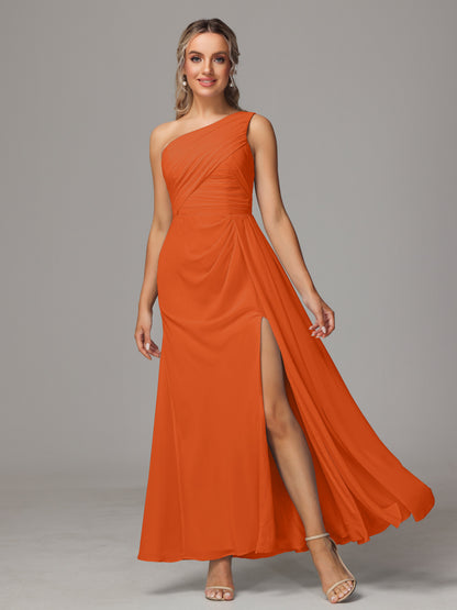 One Shoulder Floor Length Chiffon Bridesmaid Dress