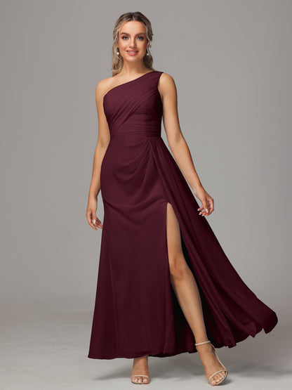 One Shoulder Floor Length Chiffon Bridesmaid Dress