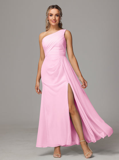 One Shoulder Floor Length Chiffon Bridesmaid Dress