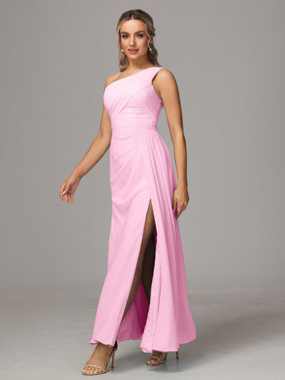 One Shoulder Floor Length Chiffon Bridesmaid Dress