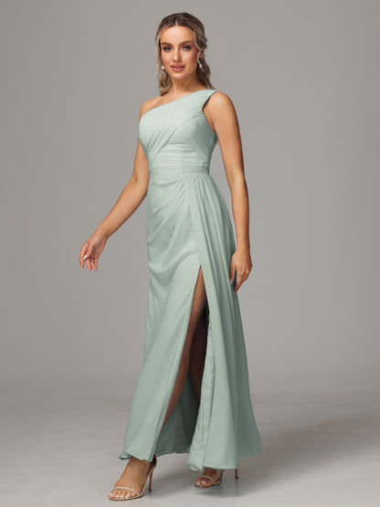 One Shoulder Floor Length Chiffon Bridesmaid Dress