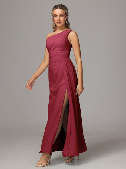 One Shoulder Floor Length Chiffon Bridesmaid Dress