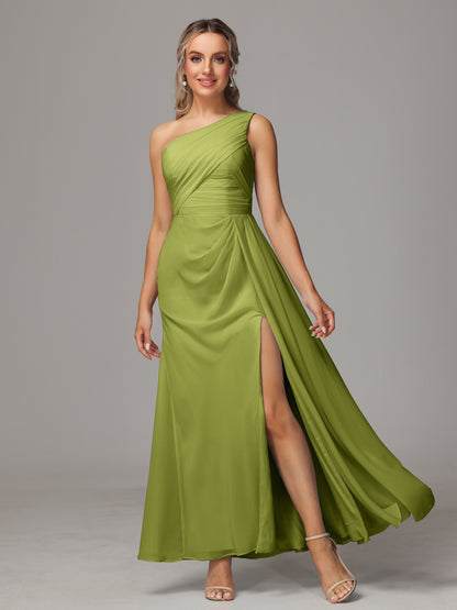 One Shoulder Floor Length Chiffon Bridesmaid Dress