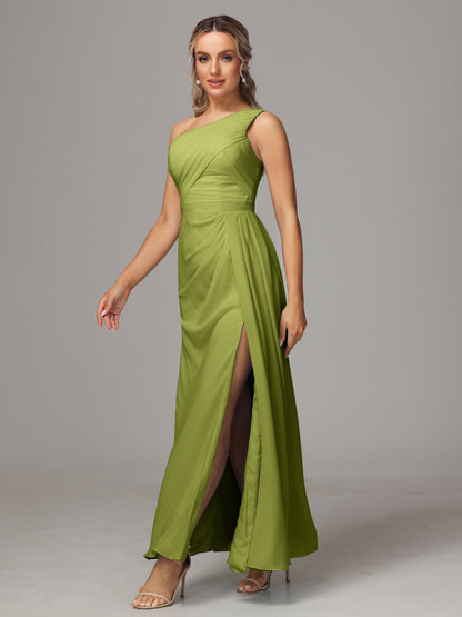 One Shoulder Floor Length Chiffon Bridesmaid Dress