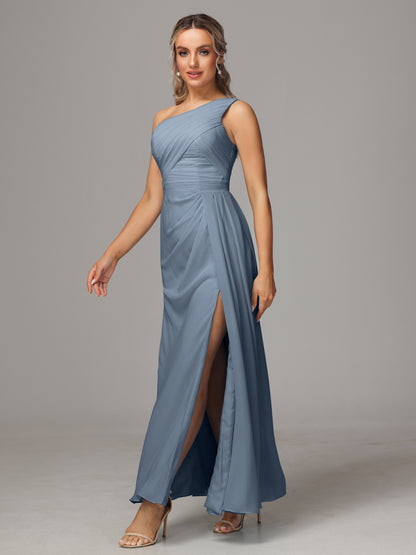 One Shoulder Floor Length Chiffon Bridesmaid Dress