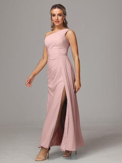 One Shoulder Floor Length Chiffon Bridesmaid Dress