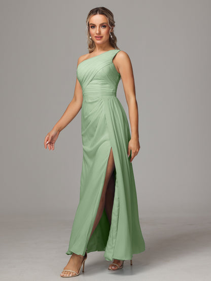 One Shoulder Floor Length Chiffon Bridesmaid Dress