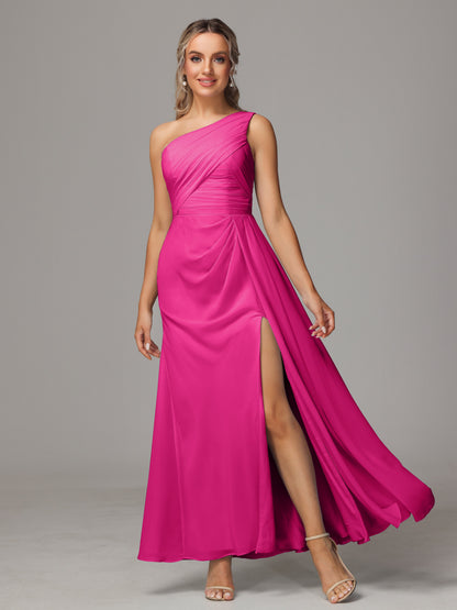 One Shoulder Floor Length Chiffon Bridesmaid Dress