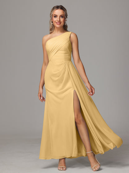 One Shoulder Floor Length Chiffon Bridesmaid Dress