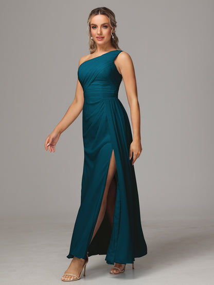 One Shoulder Floor Length Chiffon Bridesmaid Dress