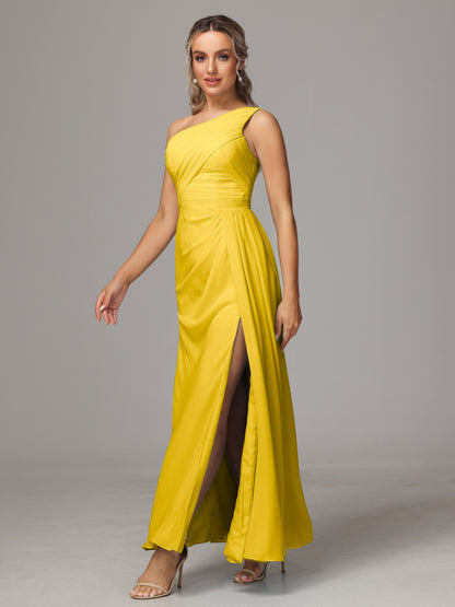 One Shoulder Floor Length Chiffon Bridesmaid Dress