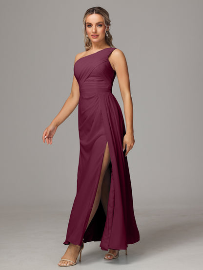 One Shoulder Floor Length Chiffon Bridesmaid Dress