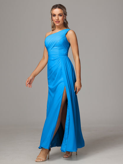 One Shoulder Floor Length Chiffon Bridesmaid Dress