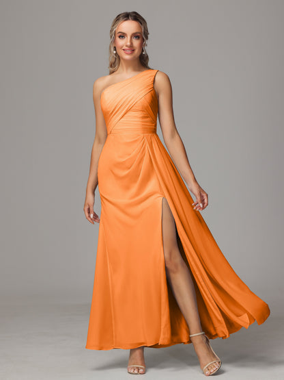 One Shoulder Floor Length Chiffon Bridesmaid Dress