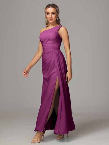 One Shoulder Floor Length Chiffon Bridesmaid Dress