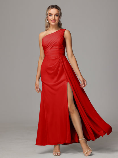 One Shoulder Floor Length Chiffon Bridesmaid Dress
