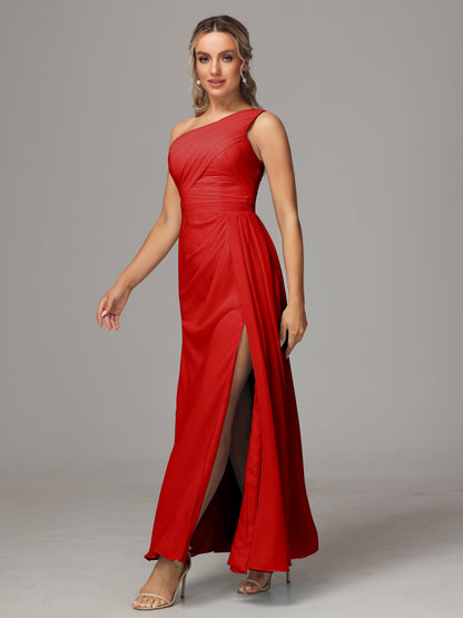 One Shoulder Floor Length Chiffon Bridesmaid Dress