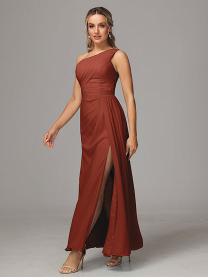 One Shoulder Floor Length Chiffon Bridesmaid Dress