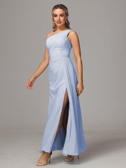 One Shoulder Floor Length Chiffon Bridesmaid Dress
