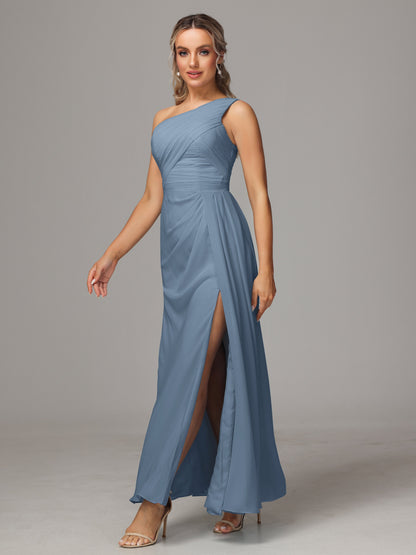 One Shoulder Floor Length Chiffon Bridesmaid Dress