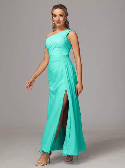 One Shoulder Floor Length Chiffon Bridesmaid Dress