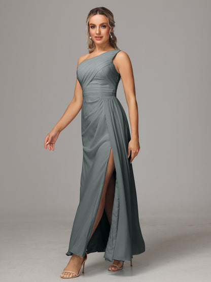 One Shoulder Floor Length Chiffon Bridesmaid Dress