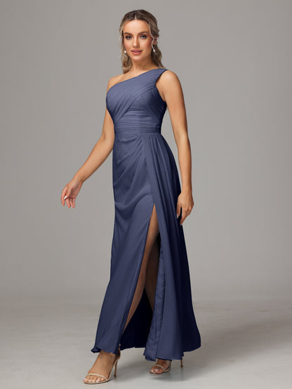 One Shoulder Floor Length Chiffon Bridesmaid Dress