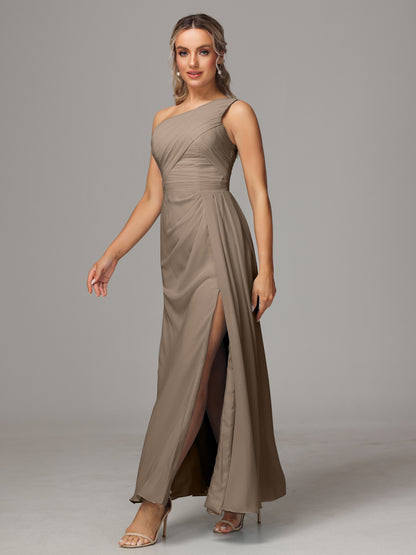 One Shoulder Floor Length Chiffon Bridesmaid Dress