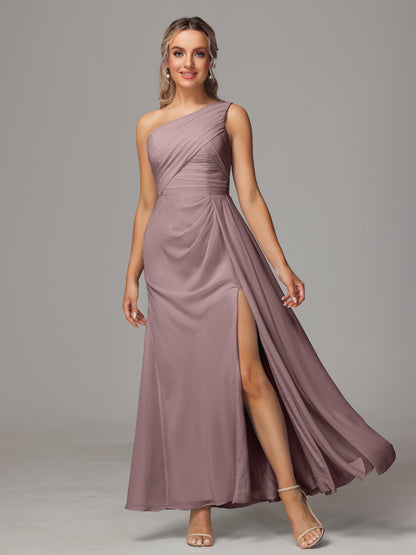 One Shoulder Floor Length Chiffon Bridesmaid Dress
