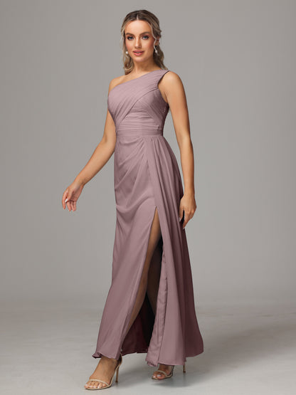 One Shoulder Floor Length Chiffon Bridesmaid Dress