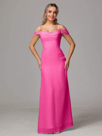 Spaghetti Straps Off The Shoulder Chiffon Bridesmaid Dress With Slit