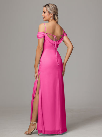 Spaghetti Straps Off The Shoulder Chiffon Bridesmaid Dress With Slit