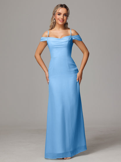 Spaghetti Straps Off The Shoulder Chiffon Bridesmaid Dress With Slit