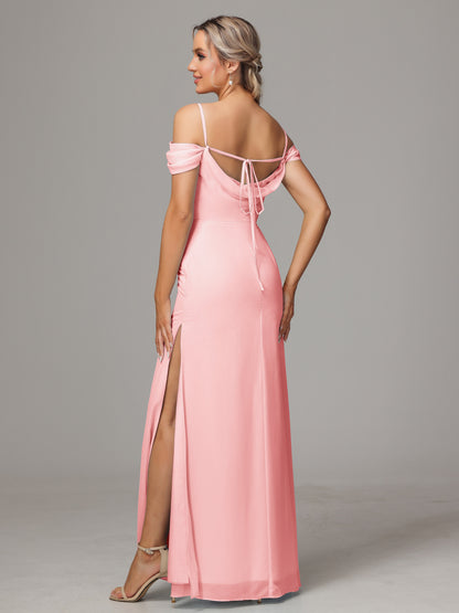 Spaghetti Straps Off The Shoulder Chiffon Bridesmaid Dress With Slit