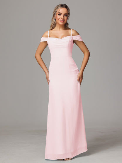 Spaghetti Straps Off The Shoulder Chiffon Bridesmaid Dress With Slit