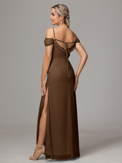 Spaghetti Straps Off The Shoulder Chiffon Bridesmaid Dress With Slit