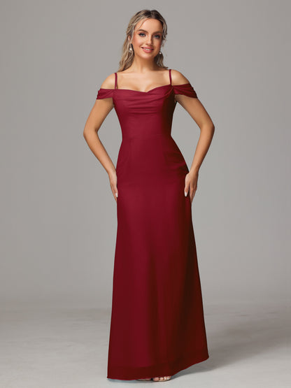 Spaghetti Straps Off The Shoulder Chiffon Bridesmaid Dress With Slit