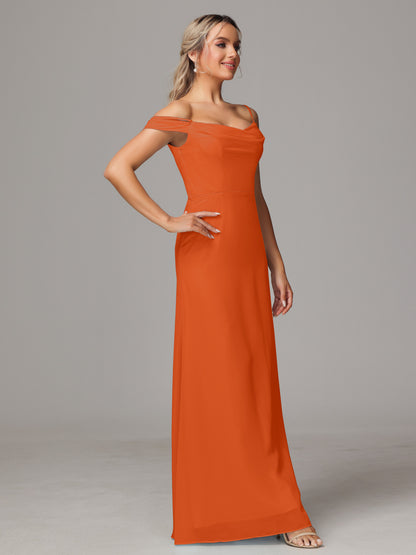 Spaghetti Straps Off The Shoulder Chiffon Bridesmaid Dress With Slit