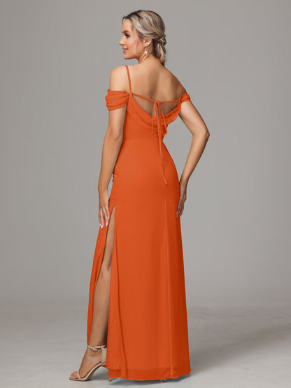 Spaghetti Straps Off The Shoulder Chiffon Bridesmaid Dress With Slit