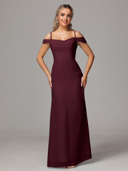 Spaghetti Straps Off The Shoulder Chiffon Bridesmaid Dress With Slit