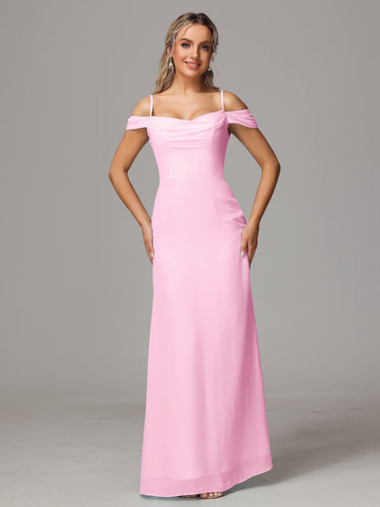Spaghetti Straps Off The Shoulder Chiffon Bridesmaid Dress With Slit