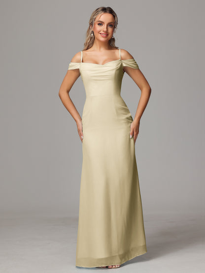 Spaghetti Straps Off The Shoulder Chiffon Bridesmaid Dress With Slit