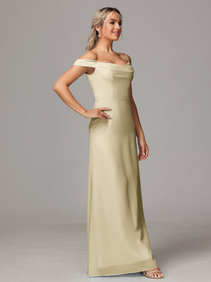 Spaghetti Straps Off The Shoulder Chiffon Bridesmaid Dress With Slit