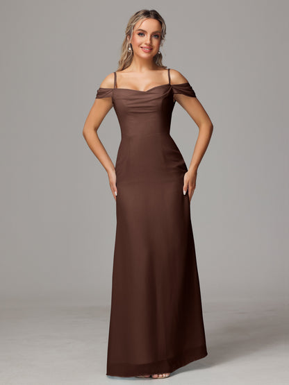 Spaghetti Straps Off The Shoulder Chiffon Bridesmaid Dress With Slit