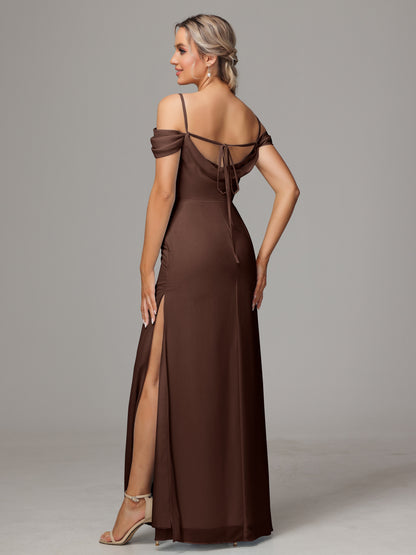 Spaghetti Straps Off The Shoulder Chiffon Bridesmaid Dress With Slit