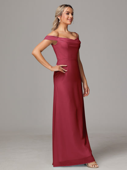 Spaghetti Straps Off The Shoulder Chiffon Bridesmaid Dress With Slit